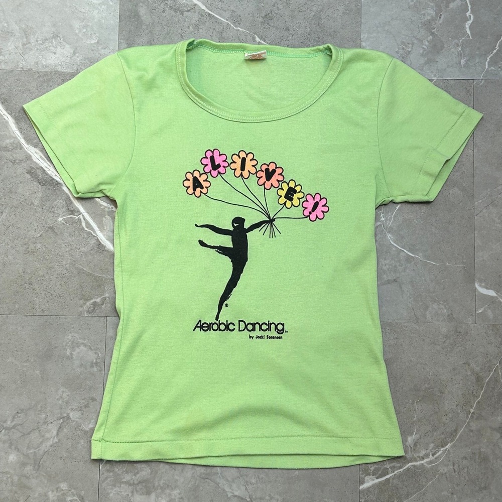 80s Vintage Aerobics Graphic Shirt Womens Small Baby Tee Dancing Instructor
